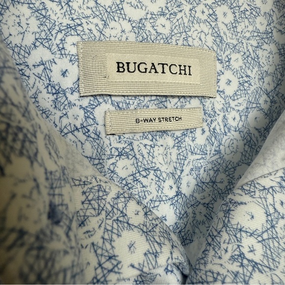 BUGATCHI Men's L Blue Stretch Floral Short Sleeve Button-Up Shirt Casual Cotton - Picture 6 of 9
